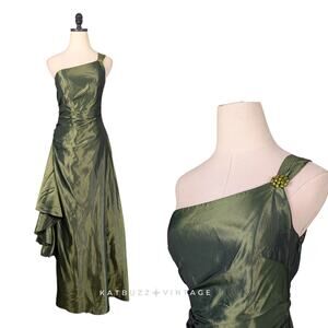 Vintage Rubin Prom Dress Maxi Gown 2 Green Ruffle Y2K Fairy Glam One Shoulder